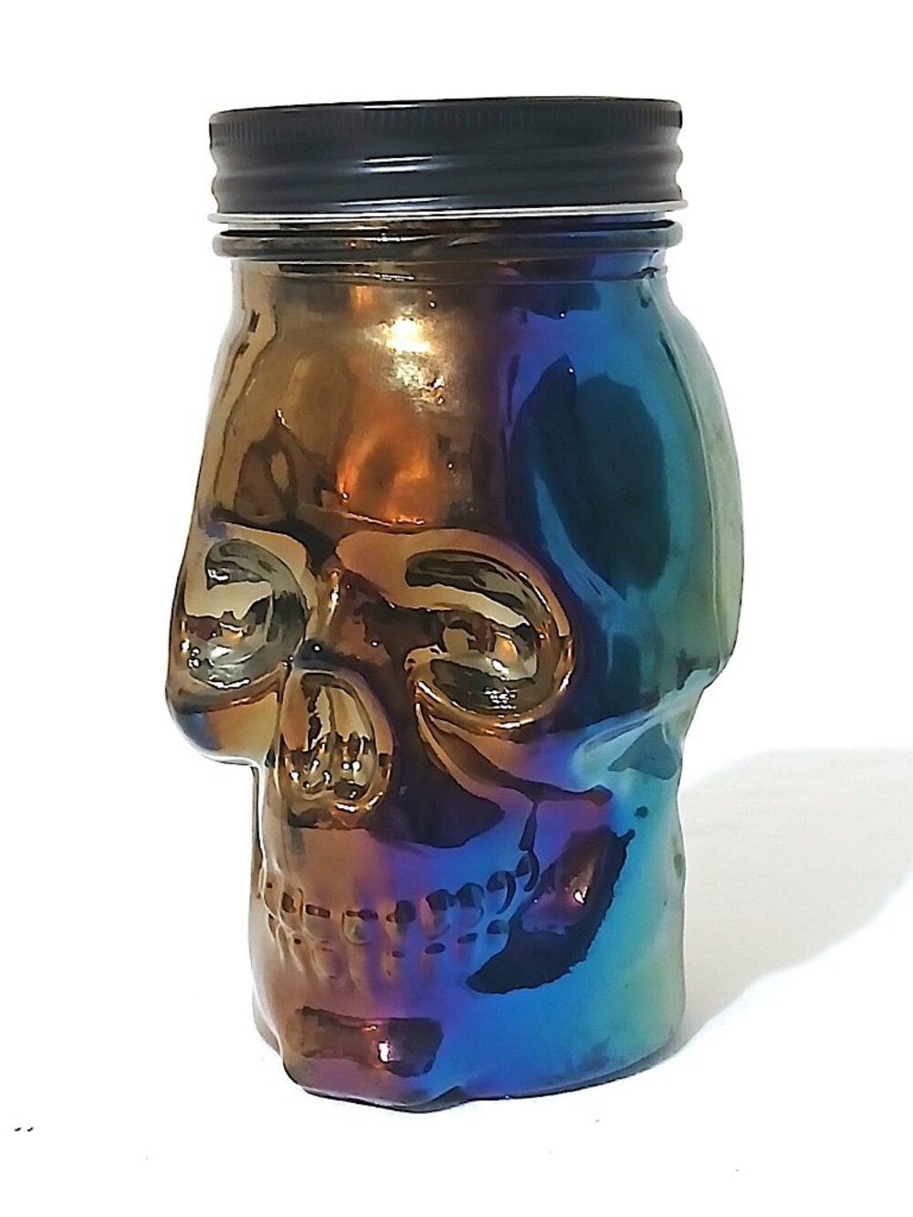 Iridescent Skull Glass Mason Jar Black Lid 5.75” Halloween Gothic Sipper Cup
